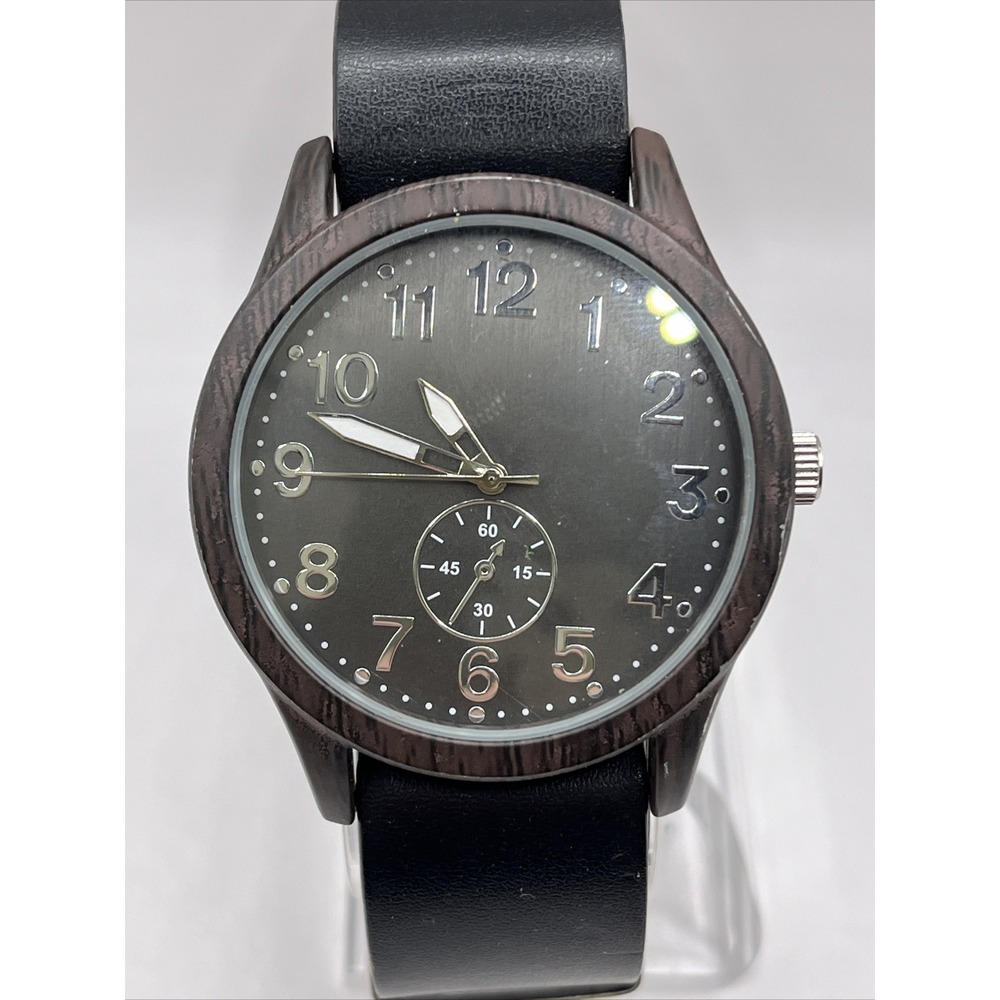 George Men's Quartz Watch Faux Wood‎ 43mm Case Black Band- New Battery